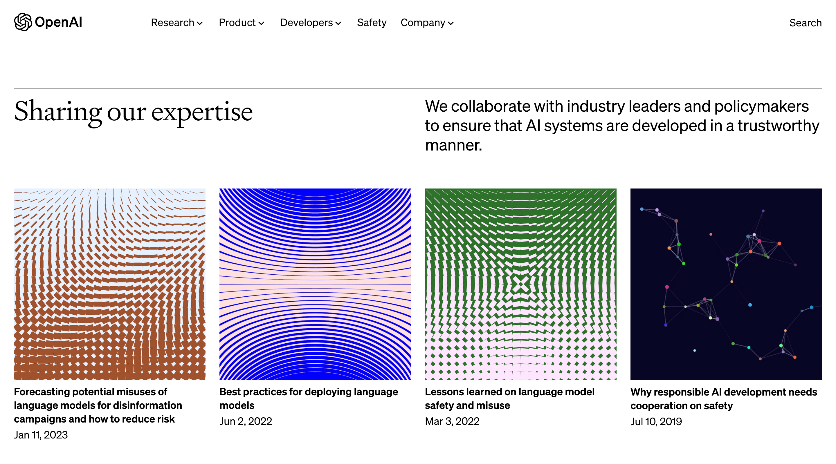 Screenshot of an article section of the OpenAI website with a white background and black text. Four articles are featured on a row with a graphic, a headline, and the publish date. Above the articles are a headline to the left and a description of the article group to the right.